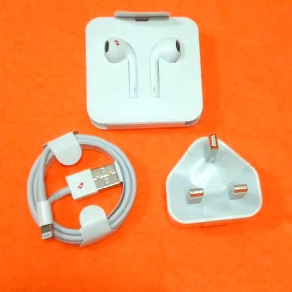 Terlaris Charger Iphone + Kabel Cable Data Lightning + Headset Iphone Fullset