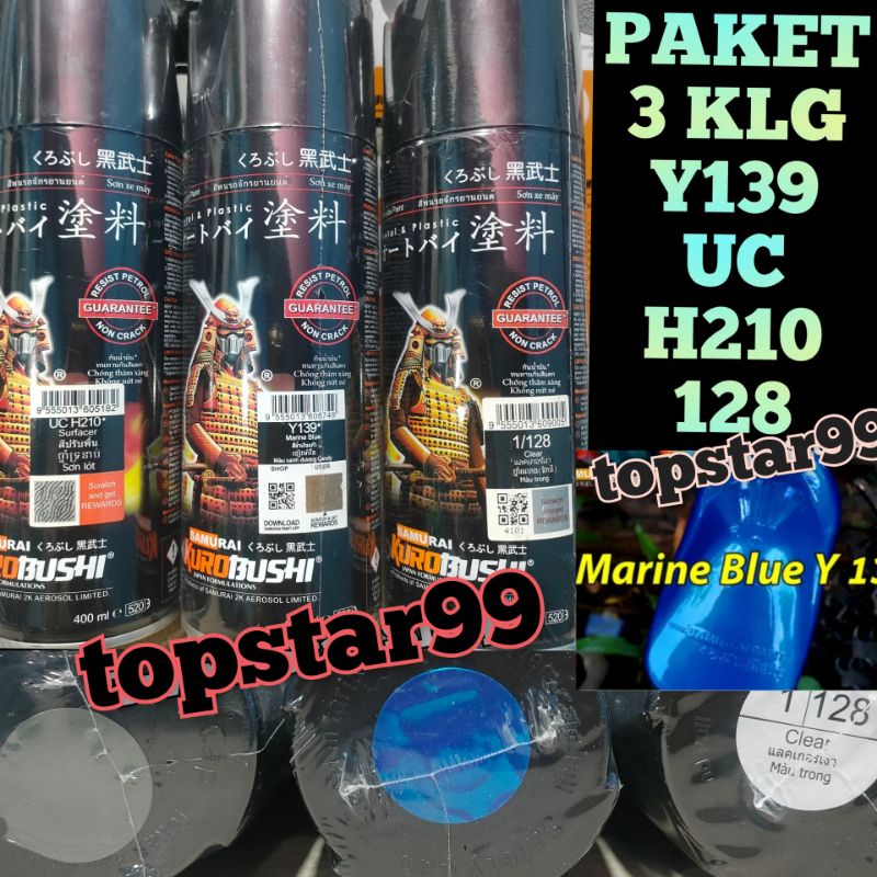 Samurai Paint Paket 3 Kaleng Pilok Pilox Cat Semprot Samurai Paketan Lengkap Biru Marine Blue Y139 139 Epoxy Surfacer UC H210 Clear Pernis Glossy 128 400ml