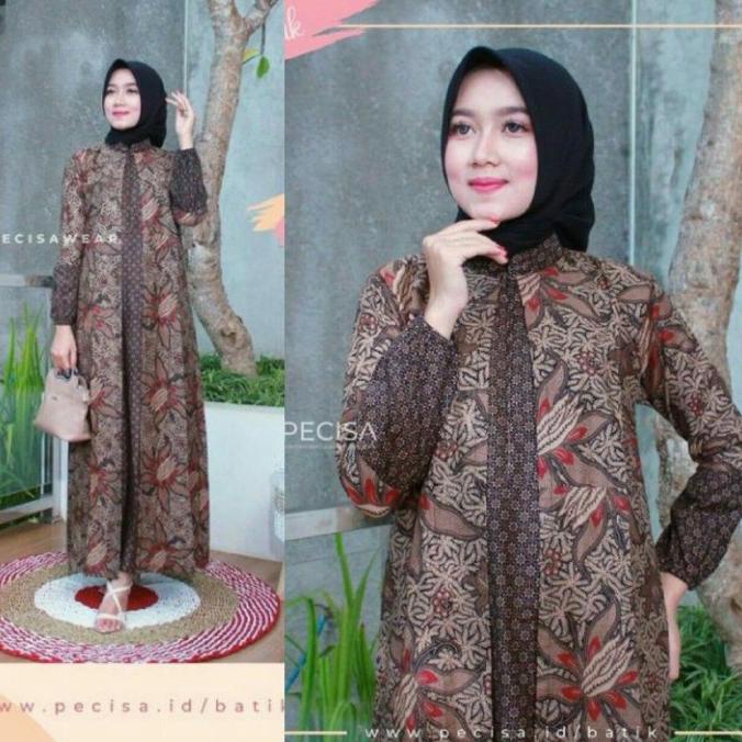 Baju lebaran wanita gamis dress batik motif kembang ukuran LD 110 120