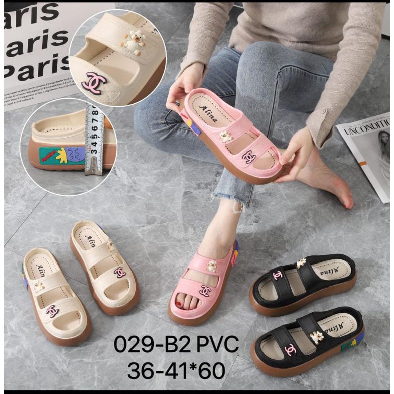 PVC Sandal Slop Wanita Double Strap Motif Bintang Laut Bahan Jelly Elastis Empuk Non-Slip Rubber Ringan 029-3