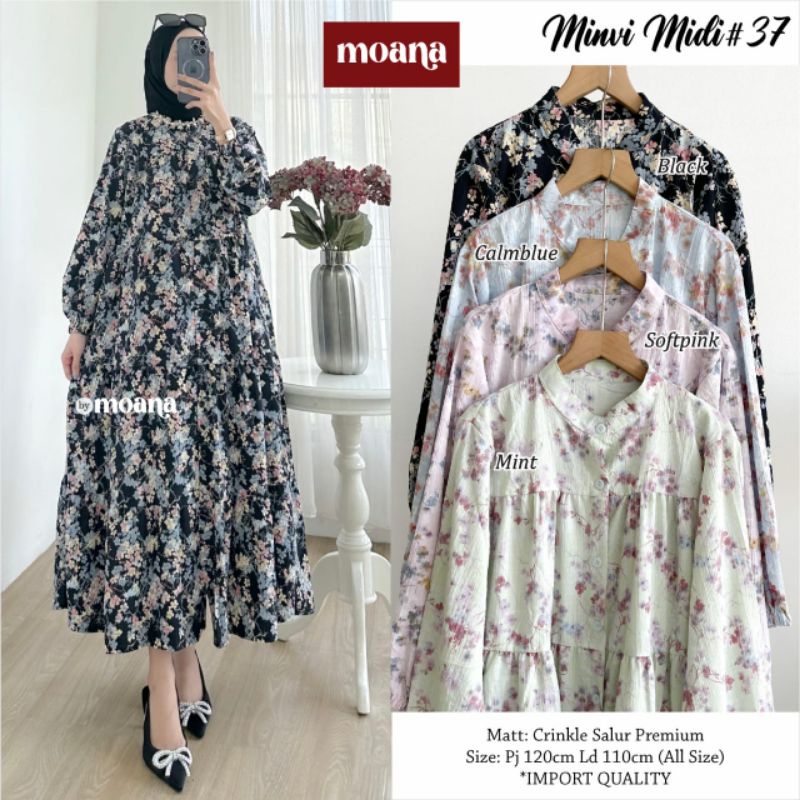 Minvi Midi Dress Korean Look Motif Bunga Gamis Putih Rampel Basic Dress Yura Crinkle Premium Original By Moana