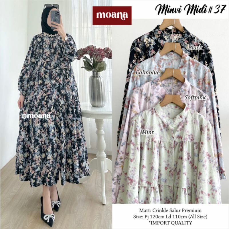 Minvi Midi Dress Korean Look Motif Bunga Gamis Putih Rampel Basic Dress Yura Crinkle Premium Origina