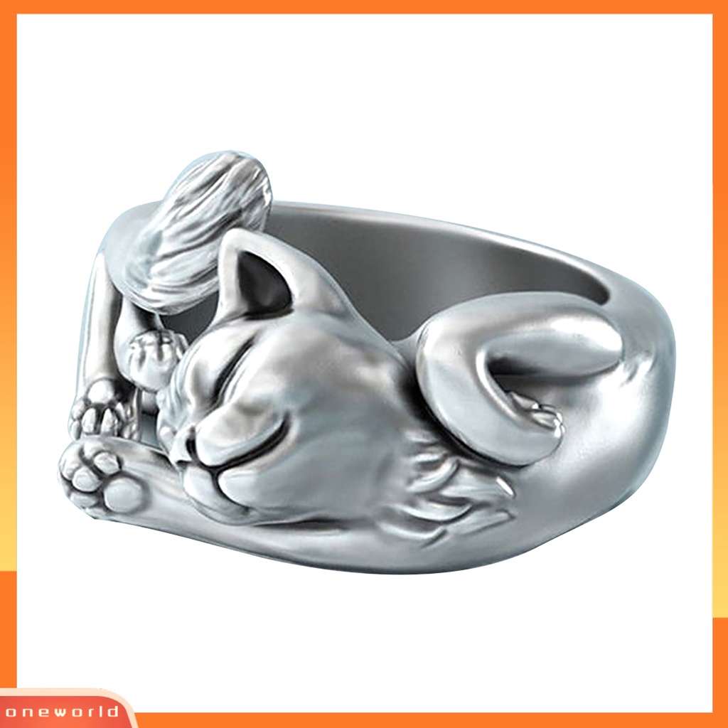 OW Vintage Unisex Sleeping Cats Silver Plated Opening Finger Ring Jewelry Gift