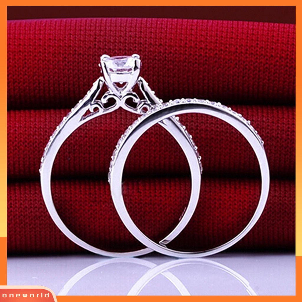 {oneworld} 2pcs/set Cincin Shiny Cubic Zirconia Plated Silver Cincin Jari Pasangan Romantis Untuk Pernikahan