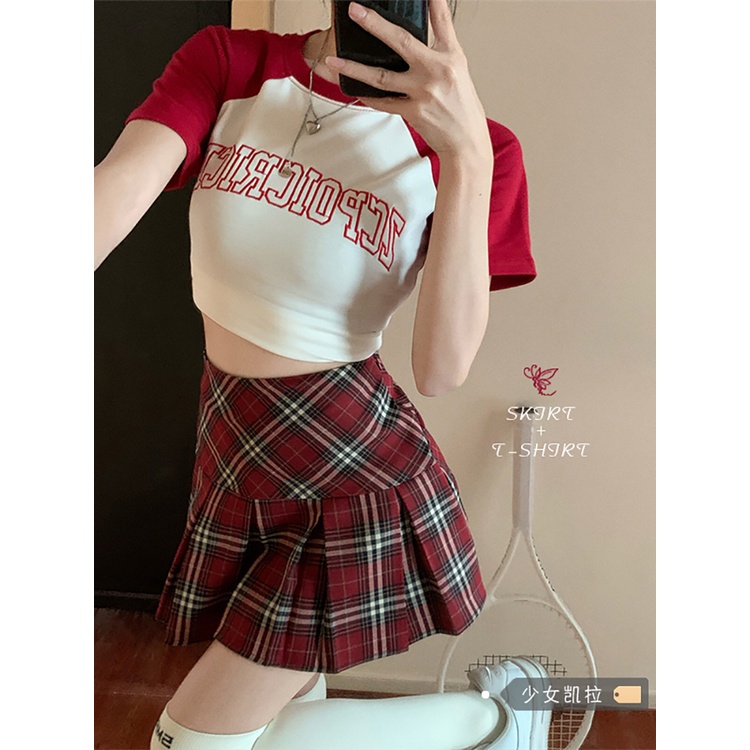 Red Rok kotak-kotak merah manis dan pedas wanita musim panas Amerika retro A-line rok lipit rok pendek setelan rok rapi