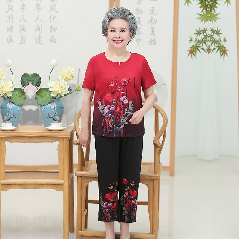 Orang Tua Baju Wanita Musim Panas Baru Ibu Lengan Pendek T-shirt Nenek Musim Panas Two-Piece Set 80 