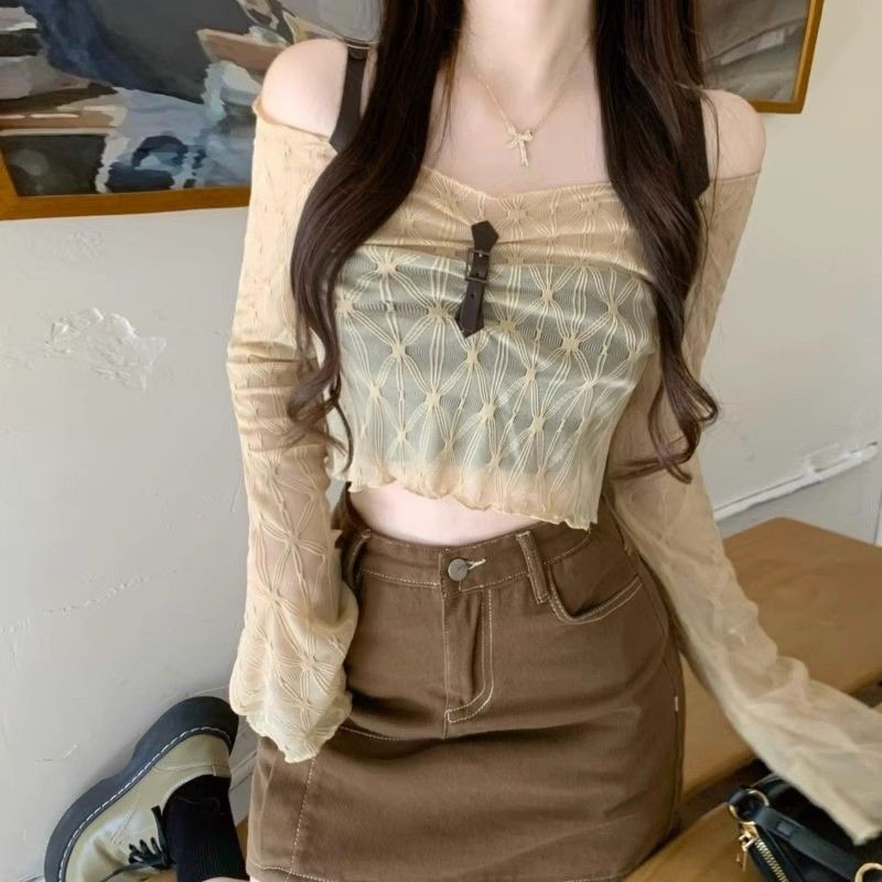 Red LRUPPG murni keinginan angin suspender satu bahu kemeja wanita musim panas gaya baru ceruk gadis panas pendek atasan lengan panjang