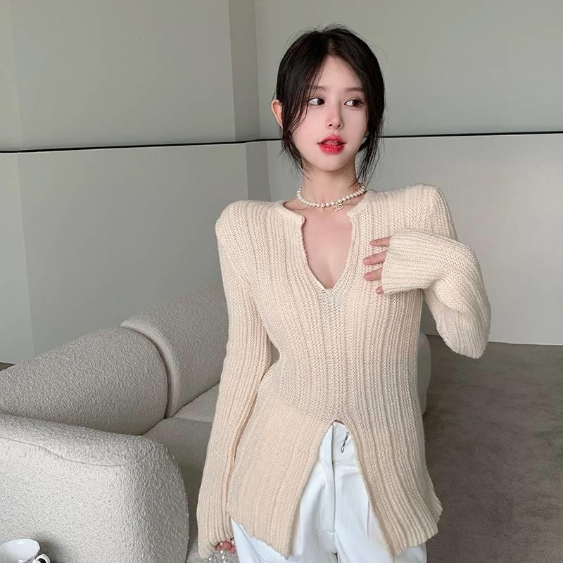 Red Pure desire sweet hot girl v-neck knitted bottoming shirt women awal musim semi chic design sense outerwear jacket niche sweater jacket