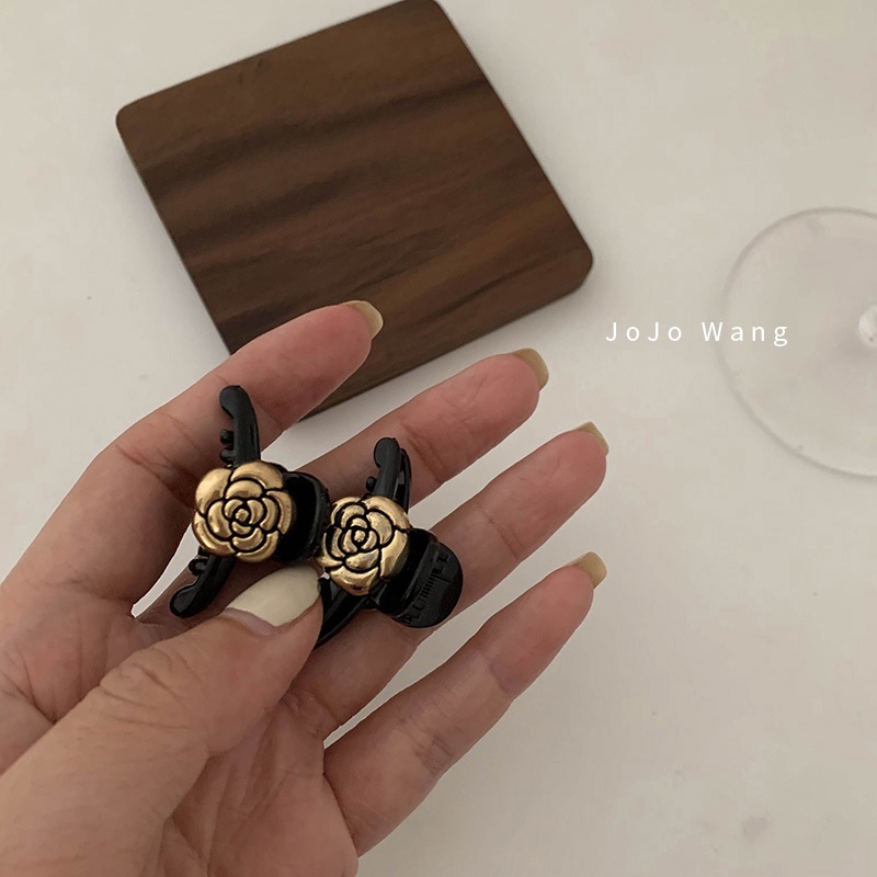 【COD】Klip Cakar Mini Camellia Vintage Gold Camellia Kecil Hitam Rambut Mengepang Klip