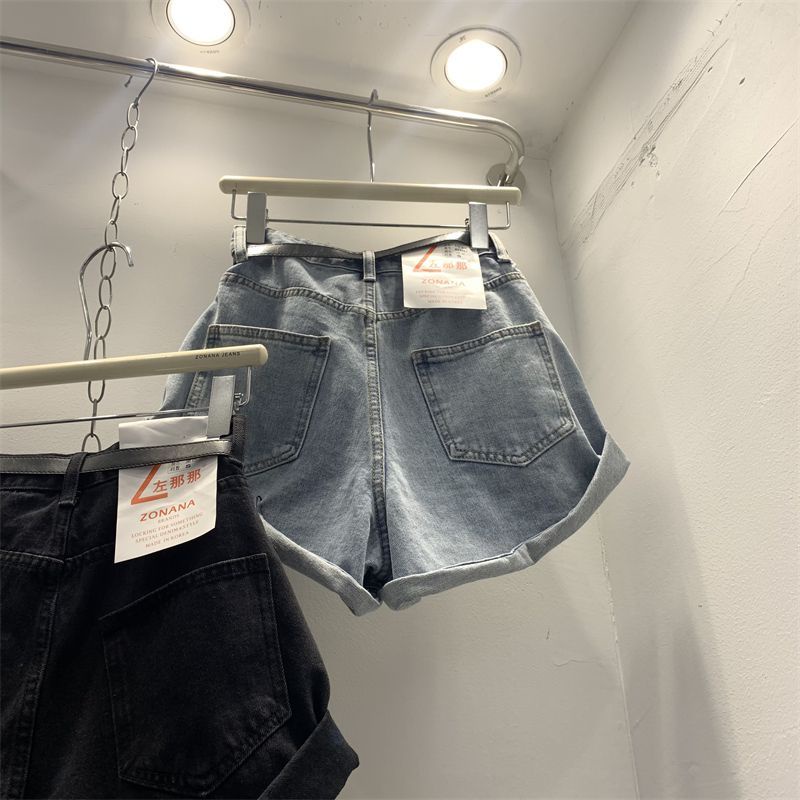 Red Korea Dongdaemun 2023 Musim Semi dan Musim Panas Baru Fashion Longgar dan Tipis dengan Sabuk Curling Kaki Lebar Pinggang Tinggi Celana Pendek Denim wanita