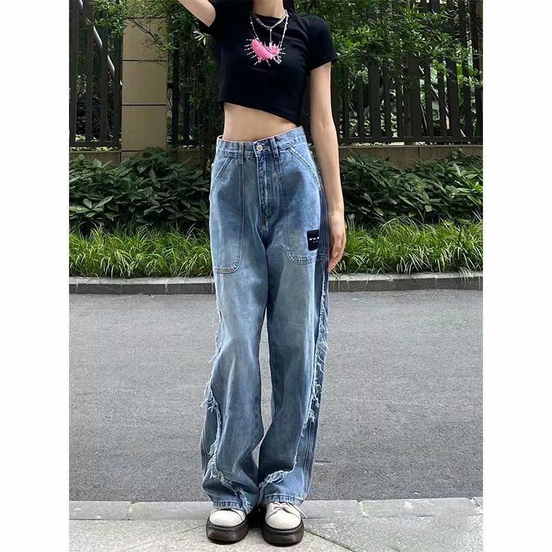 Red Eropa dan Amerika Splicing Retro Jeans Wanita Musim Gugur Bagian Tipis Rasa Desain Tinggi dan Tipis Lebar Mengepel Celana In Tide