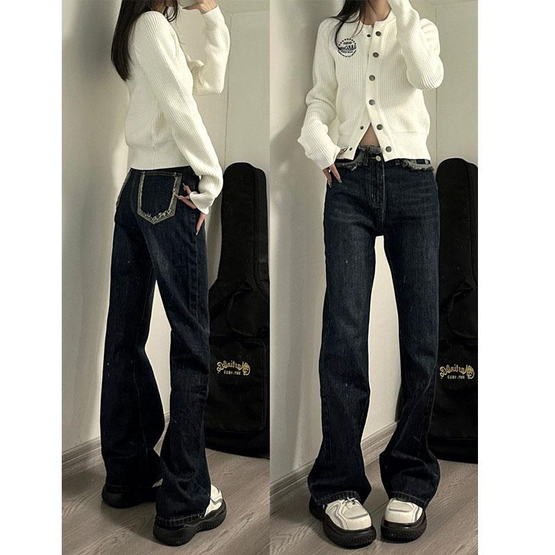 Red American retro micro-flared slim-fit jeans wanita musim semi dan musim panas desain saku masuk akal high street in high-waisted horseshoe pants