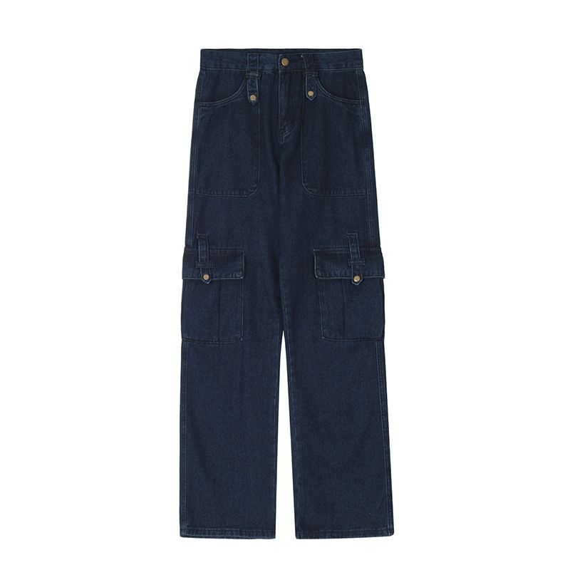 Red American Retro Multi-Saku Tinggi Pinggang Lurus Jeans Wanita Jalan Longgar Mengepel Lebar Kaki Celana Overall In pasang