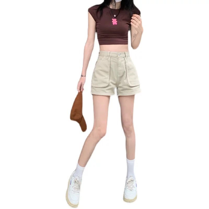 Red Retro Saku Besar Perkakas Denim Celana Pendek Wanita High Waist Slim Khaki Lurus Kaki Hot Pants Longgar Hip-mengangkat A-line Celana Pendek