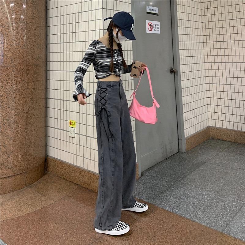 Red American retro high street vibe jeans wanita ins trendi rasa desain ceruk gaya manis dan pedas celana lurus lebar kaki celana