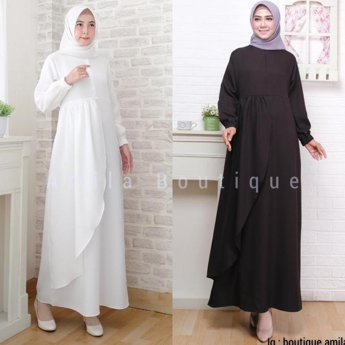 Baju Gamis Wanita Hitam Putih Polos/ Dress Muslim Mina Busui s/d Jumbo