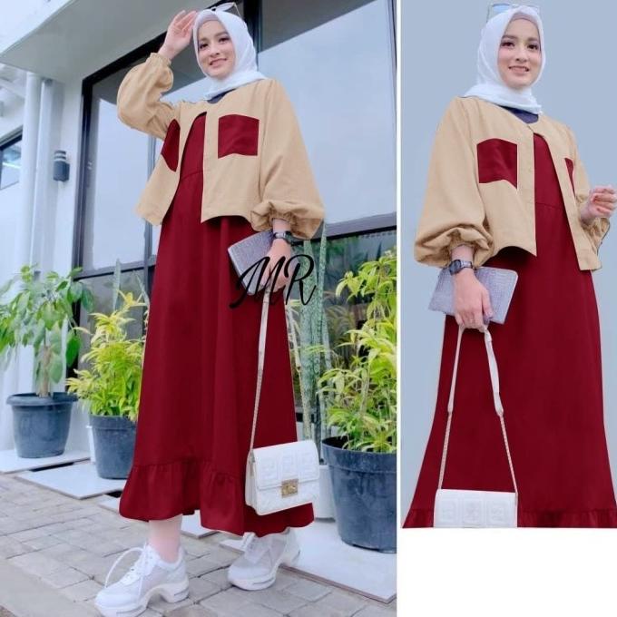 Cardigan Muslim Set Cardi Wanita Inner Long Dress Busui Baju Kekinian