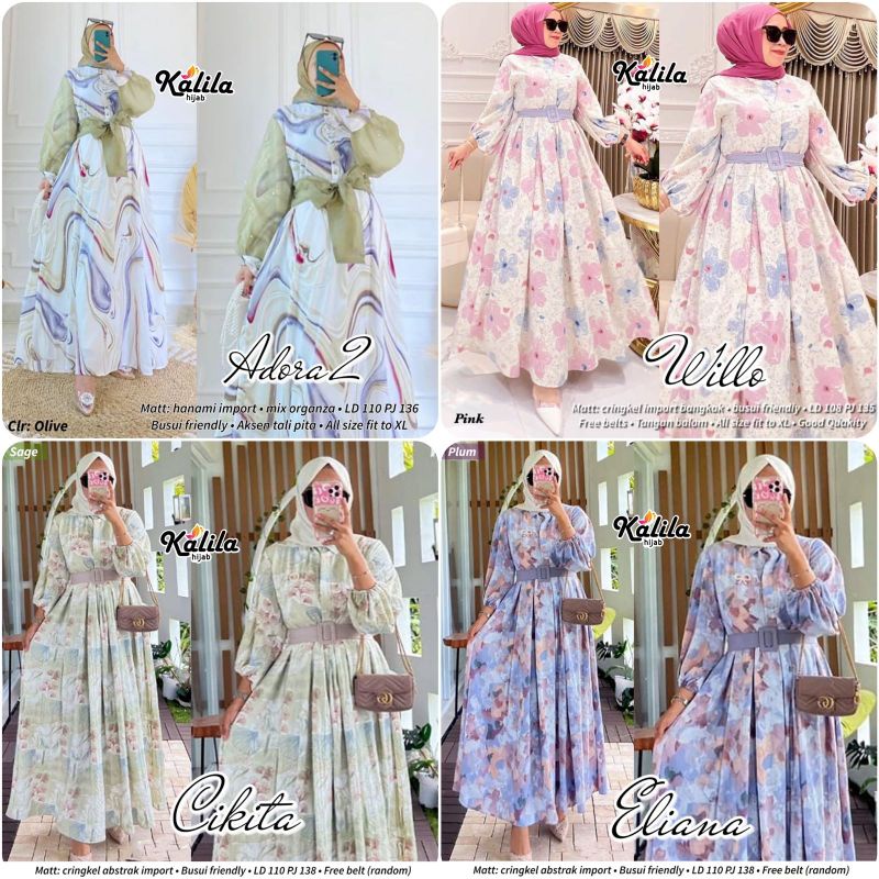 Gamis Wanita Adora #2 Dress / Cikita Dress / Eliana Dress / Willo Dress Mat Cringkel Import Original Kalila Hijab