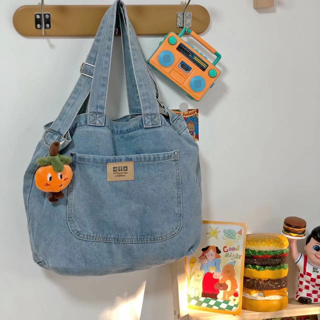 ✷☁Sera  Toko Versi Korea All-Match Aku Kapasitas Besar Satu Bahu Tas Denim Wanita Retro Siswa Sekolah tas Komuter Jepang Portable Messenger