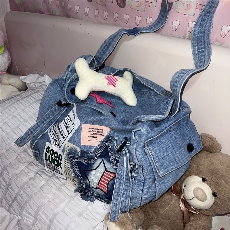 ♂Sera Daylight Wants Original Niche Design Student Casual All-Match Tas Ketiak Kapasitas Besar Sweet Cool Denim One-Shoulder Messenger Bag