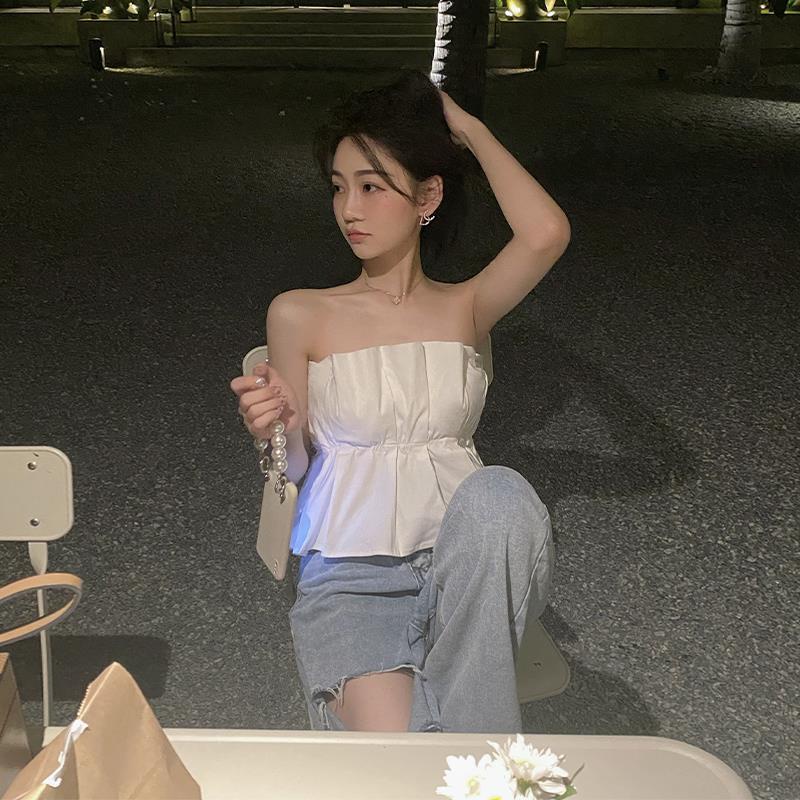 Red Putih tabung top pakaian luar strapless dibungkus dada 2021 musim panas baru lipit desain one-shoulder top