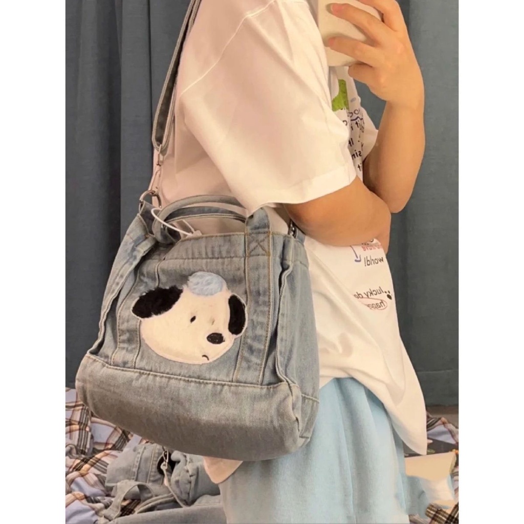 ∈№Sera  Niche Design Cute Puppy Plush Canvas Bag Denim Shoulder Bag Campus Style Oxford Cloth Casual Bag