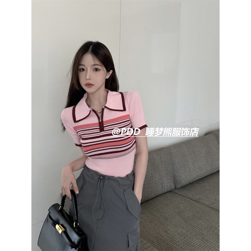 Red French retro striped design sense niche short-sleeve sleeve polo shirt knitted sweater women s summer slim hot girl chic top