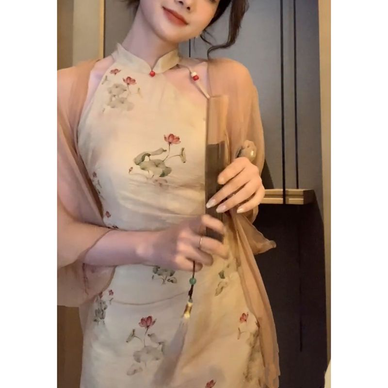 dress floral korea Yiyao【Lentera Wisata Meriah】Gaun Cheongsam Retro Gaya Tiongkok, Gaun Pelangsing P