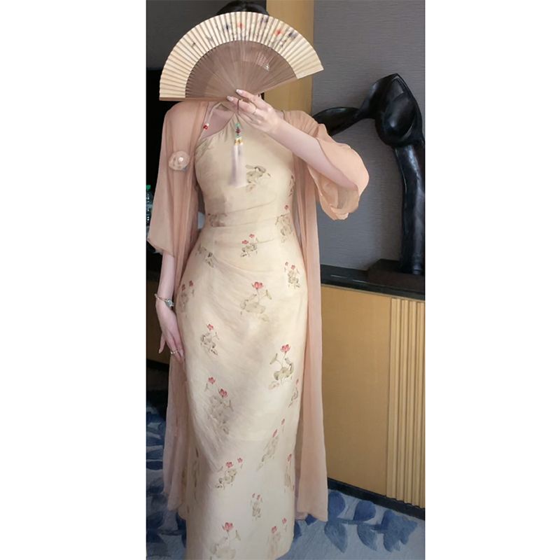 dress floral korea Yiyao【Lentera Wisata Meriah】Gaun Cheongsam Retro Gaya Tiongkok, Gaun Pelangsing P