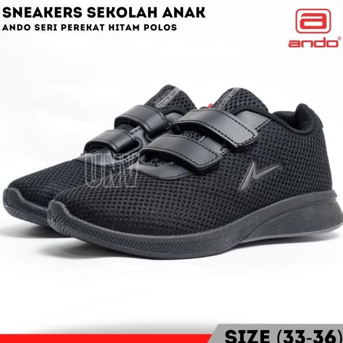 Sepatu Sekolah Anak Perempuan Laki Ando Plano Hitam Full Tali SD SMP
