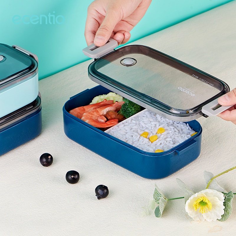 ecentio lunch box anti tumpah 2 gird 800ml/kotak makan 1 susun dark biru/kotak bekal microwavable/Tempat makan Tahan Panas microwavabl/Bento Box kapasitas besar/BPA free