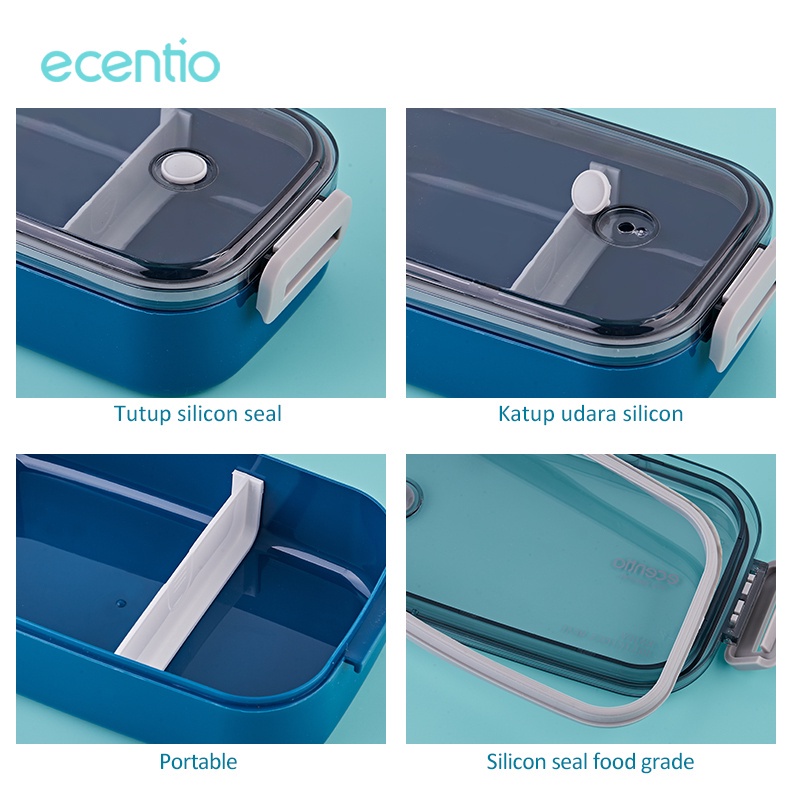 ecentio lunch box anti tumpah 2 gird 800ml/kotak makan 1 susun dark biru/kotak bekal microwavable/Tempat makan Tahan Panas microwavabl/Bento Box kapasitas besar/BPA free