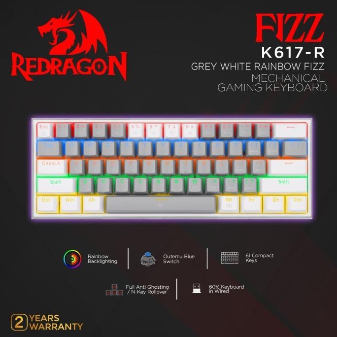 Redragon Mechanical Gaming Keyboard 60% GREY WHITE RAINBOW FIZZ-K617-R