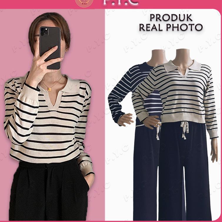 Sikat abis A5m0L Sweater Crop Garis-Garis Leher-V Top/Lengan Panjang Sweater Atasan Wanita Rajut - B