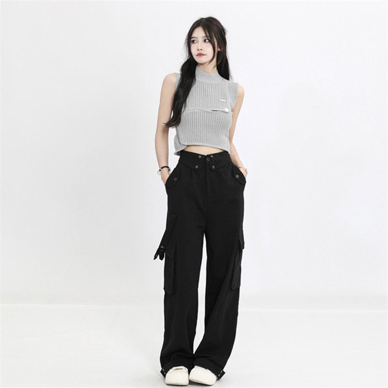 Red Amerika overall wanita musim panas jalan flap pinggang multi-saku desain all-match hot gadis lurus celana kasual pasang