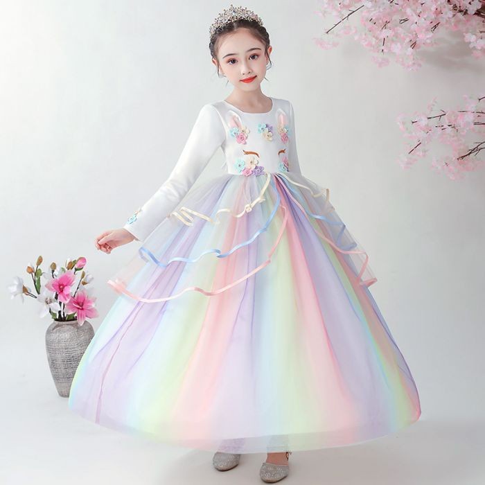 Baju Pesta Anak Unicorn Putih Lengan Panjang/ Gaun Pesta Anak