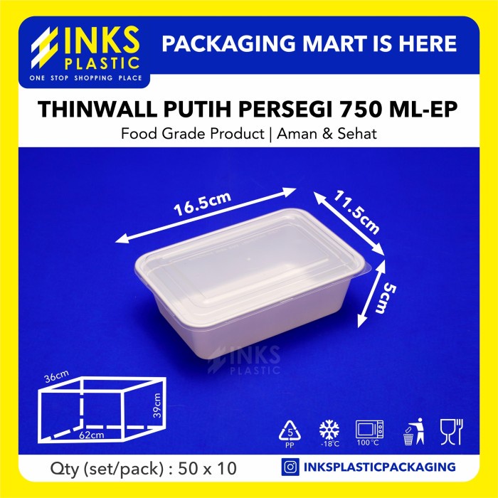 THINWALL 750 ML PUTIH PERSEGI RECTANGLE-EP ( 50 PCS )