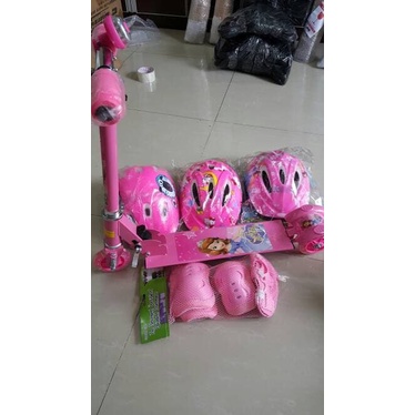 1 Set SKUTER ANAK LENGKAP HELM & DEKKER - Skuter TanpaRem, Hijau (A7N7) Manual Genjot COD Dual Pedal