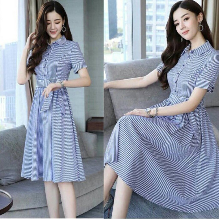 Dress Wanita GL 435 MD Line Blue Bahan Adem Casual Baju Cewek Murah Dres Wanita Elegan J2J8 Bisa COD Terbaru Fashion Perempuan New Style Korean Kekinian Kualitas Premium Baju Dress Wanita Korea