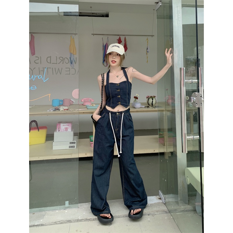 American retro denim suit kamisol pengurang usia wanita musim panas baru longgar celana lebar kaki celana dua potong set