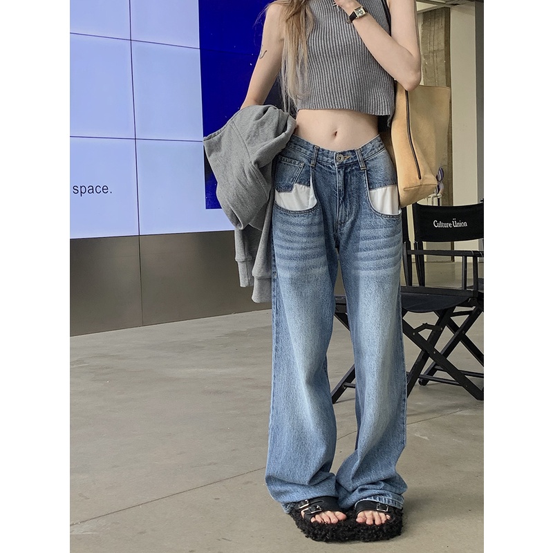 Retro lurus jeans wanita musim semi rasa desain kecil ceruk tinggi pinggang longgar lebar kaki celana mengepel celana