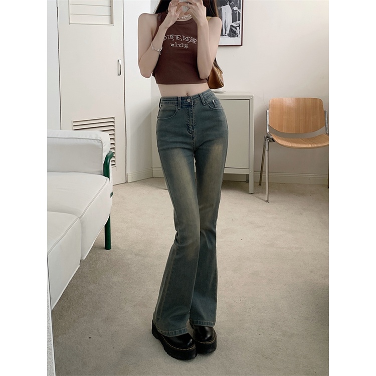 Tinggi Pinggang Retro Slim Jeans Wanita Musim Panas Amerika Spice Girls Elastis Berkobar Celana Petite Berkobar Celana