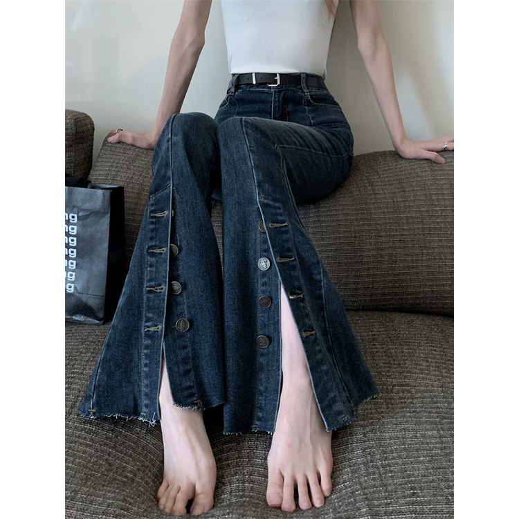 Celah tombol jeans wanita musim panas retro gelap celana pinggang tinggi kecil ramping ramping mikro celana melebar