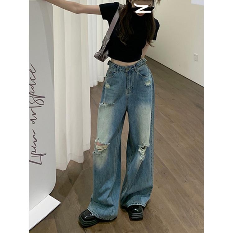 American retro ripped jeans wanita musim panas pasang tinggi pinggang longgar lurus lebar kaki celana mengepel celana