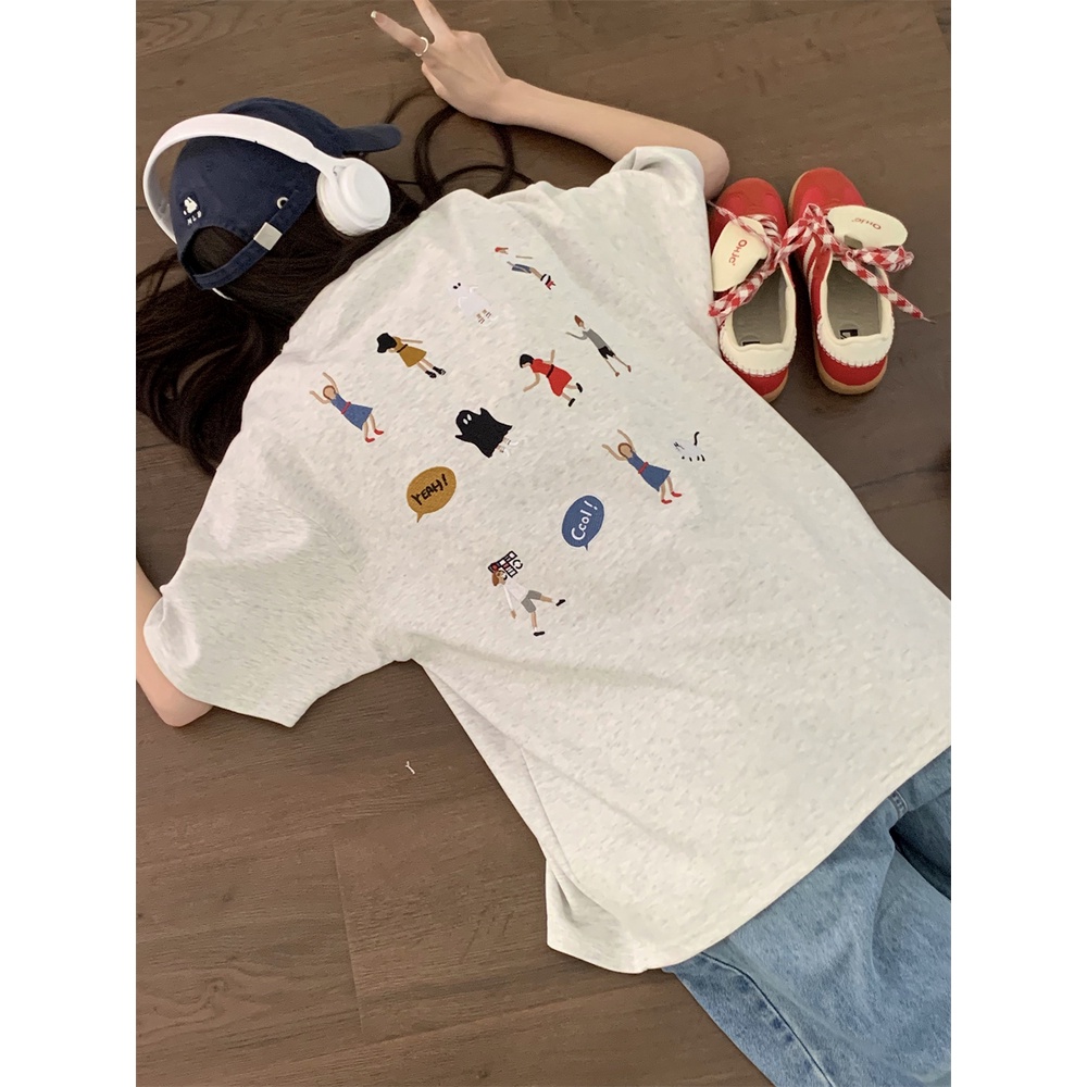 ☍#COD Suhao Versi Korea dari T-shirt Lengan Pendek Wanita Musim Panas 2023 Baru Leher Bulat Longgar Kartun Bordir All-Match Design sense Niche Atasan