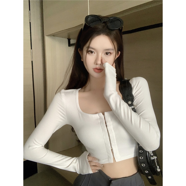 ☇☇#COD Suhao hot girl square collar long-sleeve t-shirt women s spring pure desire style sexy high waist tight slim short top bottoming shirt