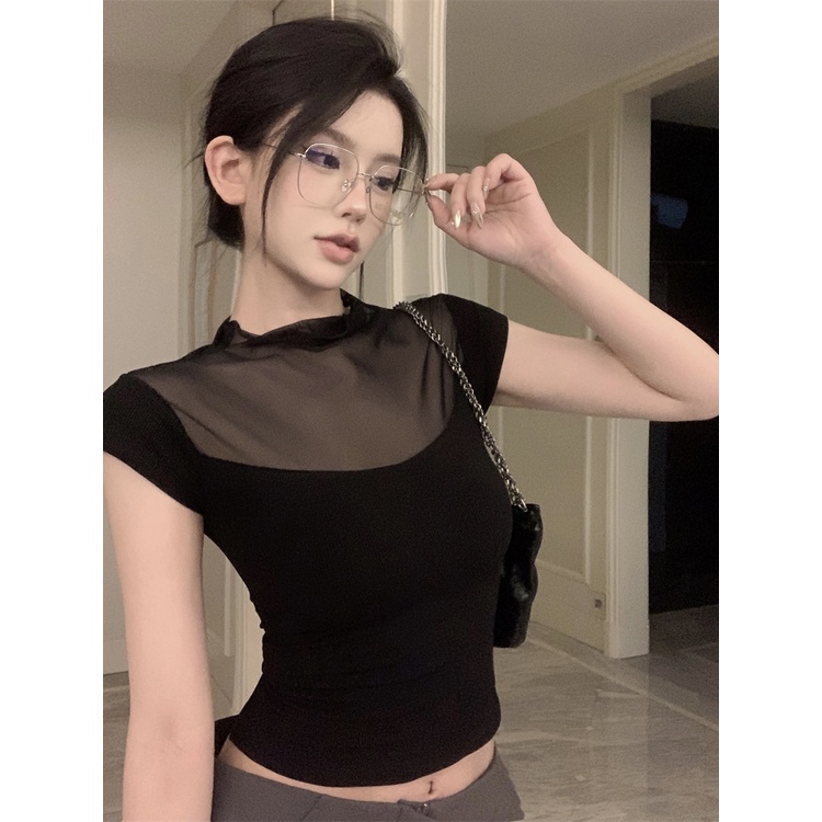 ✑☋☏#COD Suhao Pure Desire Angin Hitam Lengan Pendek T-shirt Wanita Musim Panas Hot Girl Mesh Jahitan Slim Fit Pendek Top bottoming Shirt