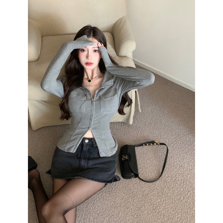 ❇♕#COD Suhao Grey Hot Girl Short Coat Wanita In Tide Musim Semi 2023 Baru Ritsleting Temperamen Slim Slim Atasan Lengan Panjang