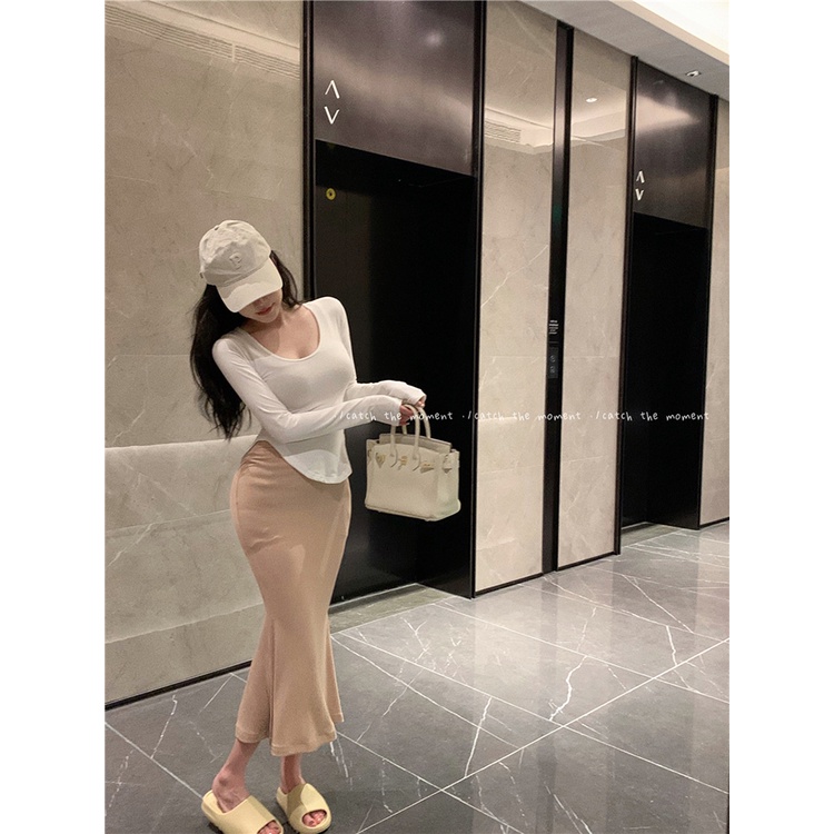◆❀#COD Suhao Pure Desired Hot Girl U-neck Bagian Tipis Lengan Panjang T-shirt Wanita Musim Panas Bagian Pendek Melengkung Hem Slim Fit Kemeja Atasan