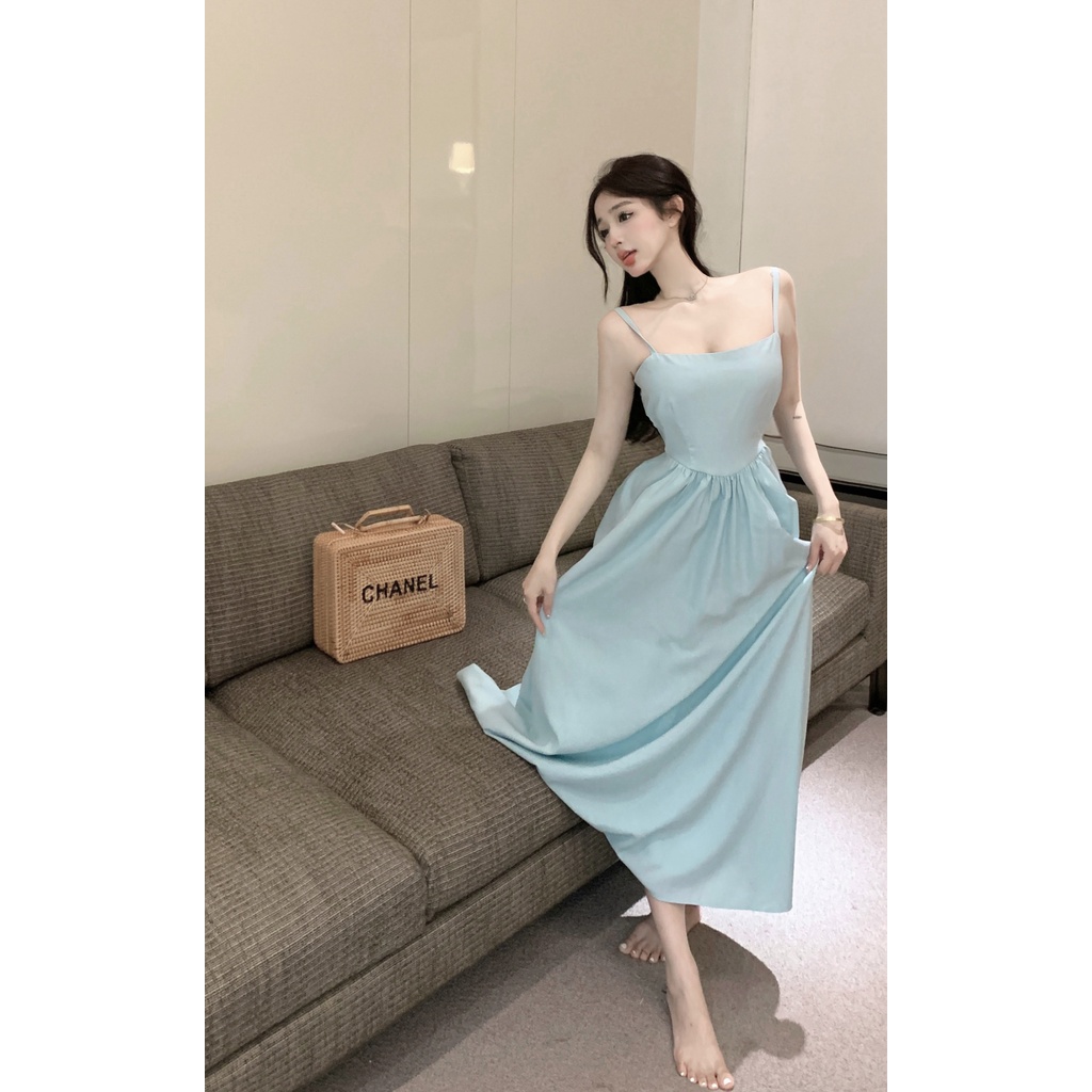 ☌#COD Suhao Spice girl halter strap suspender dress wanita musim panas murni keinginan rok chic rasa desain ceruk splicing mid-panjang rok